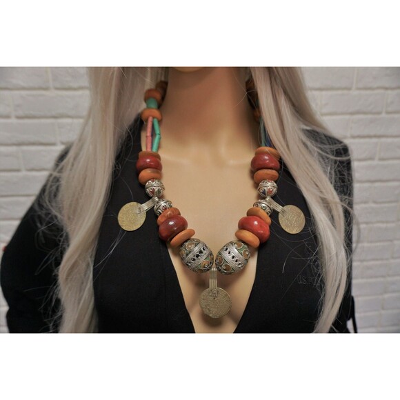 Berber Coin Necklace: Enamel & Copal Beads, Moroccan Tribal Style - Picture 4 of 10